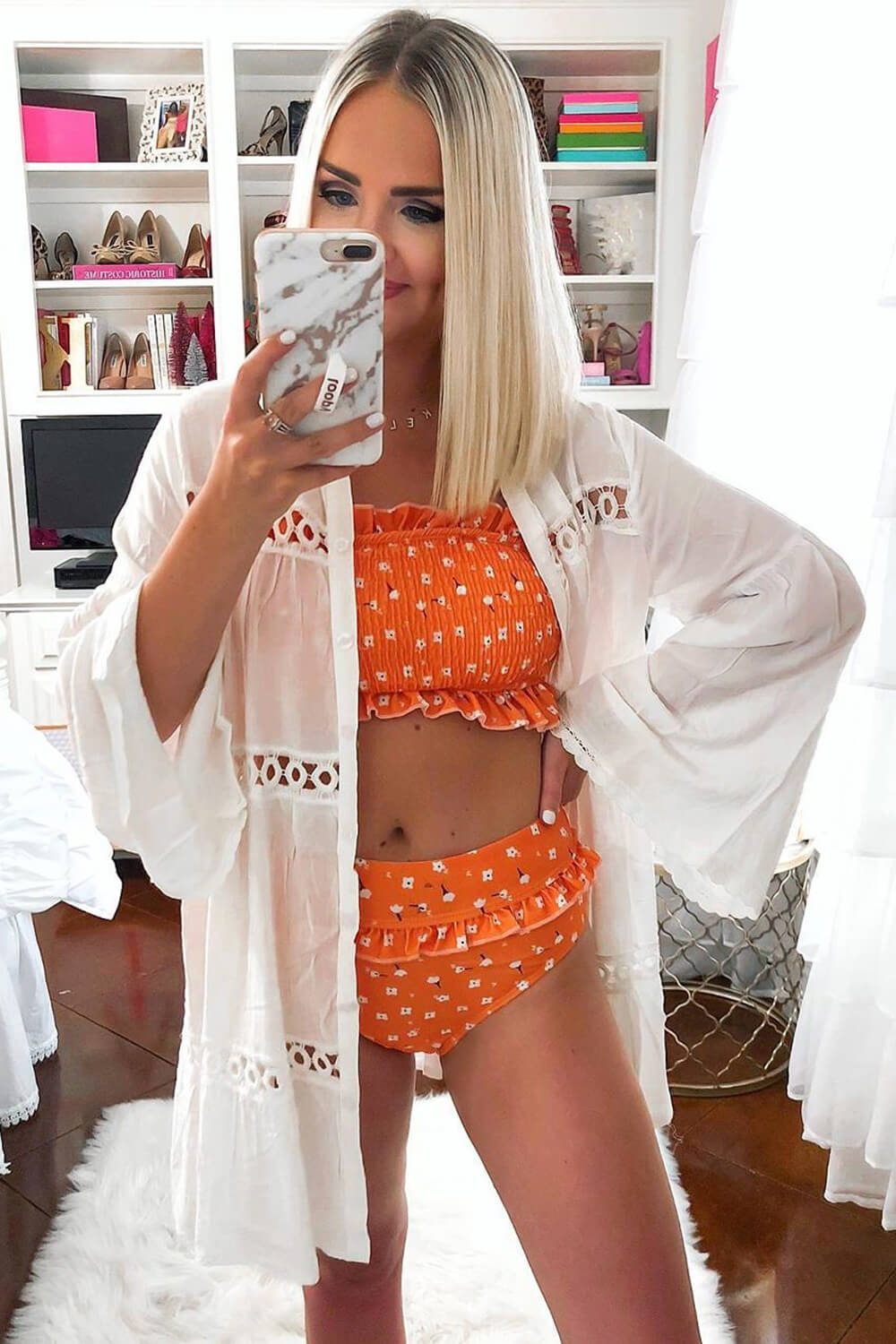 Orange Floral Ruffle Trim High Waist Bikini Bottom