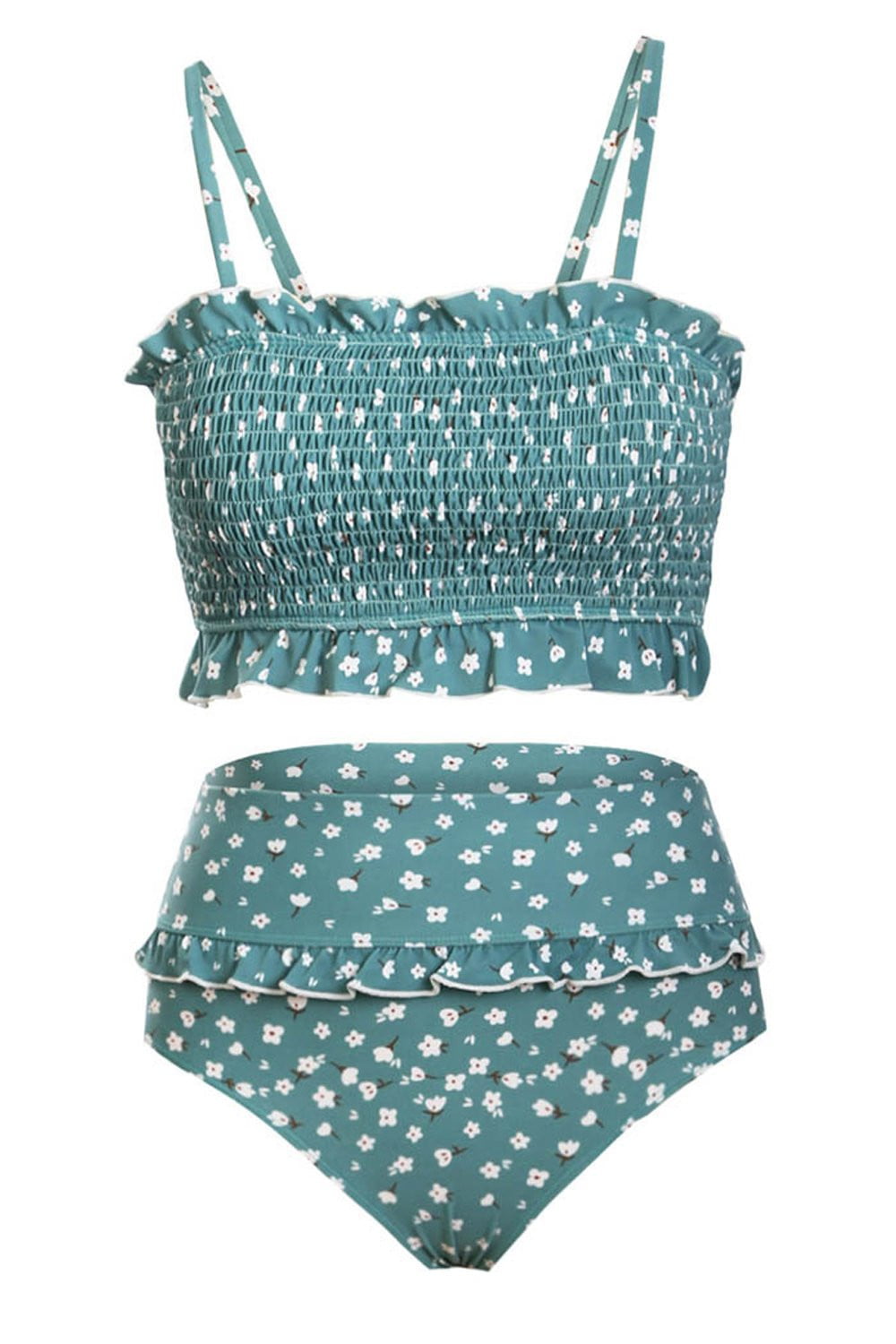 Light Blue Floral Smocked Ruffle Trim Bandeau Bikini Top