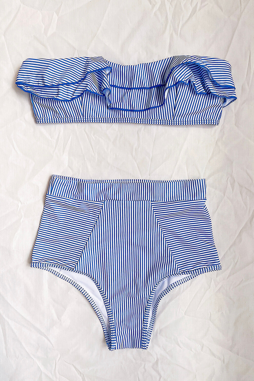 Blue White Striped Frill Bandeau Bikini Top