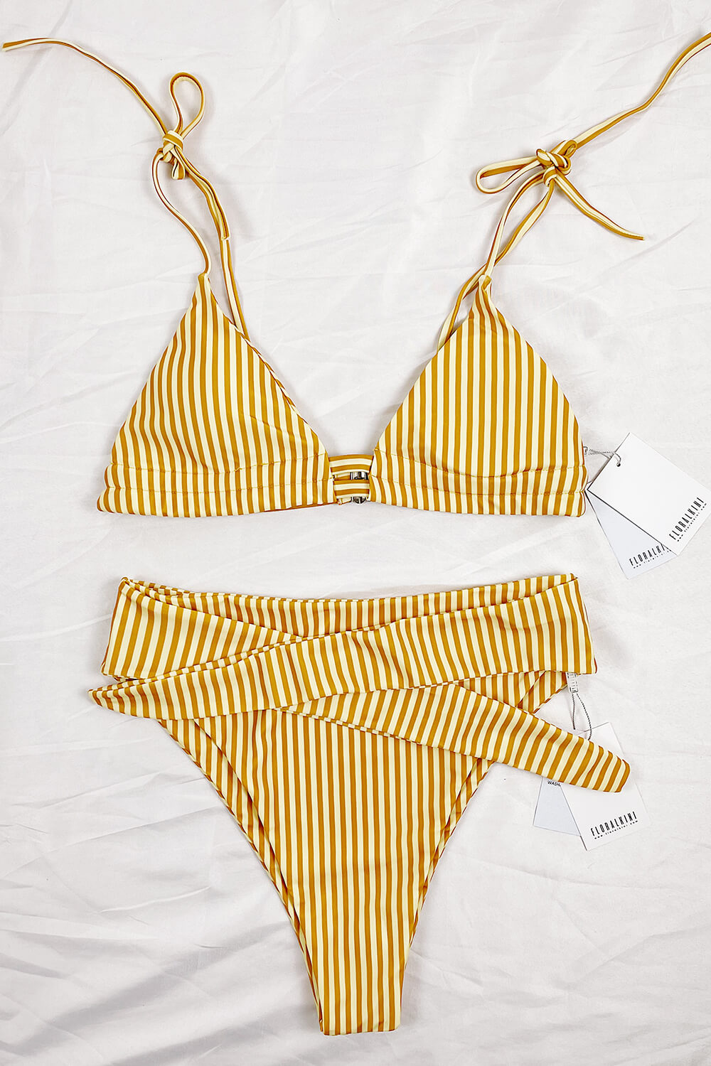 Yellow Striped Tie Shoulder Bikini Top